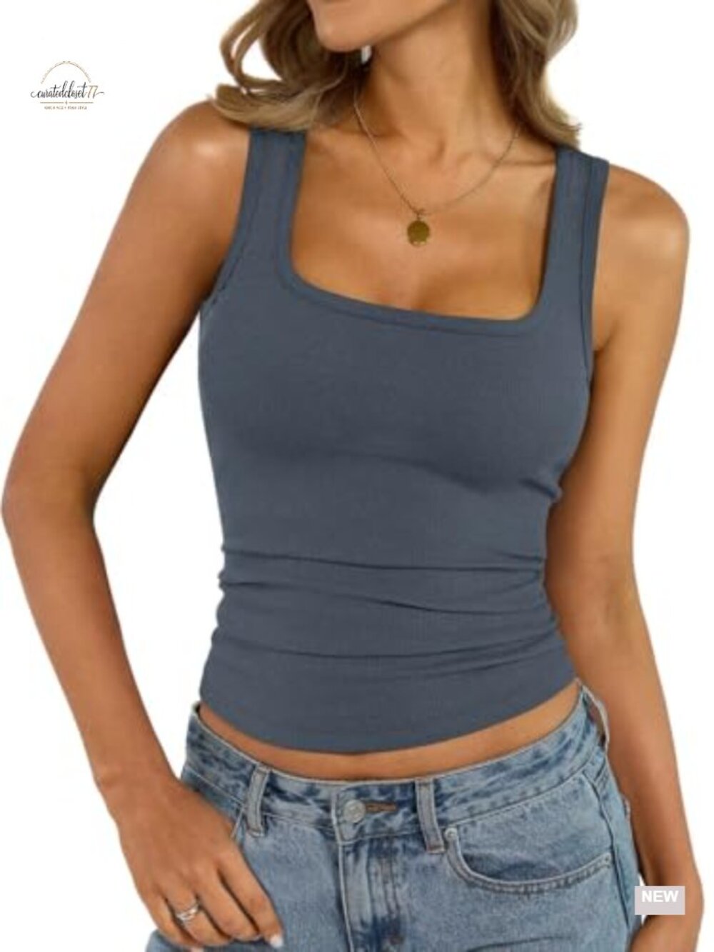Womens Ribbed Cotton Tank Top Sleeveless Square Neck Fitted